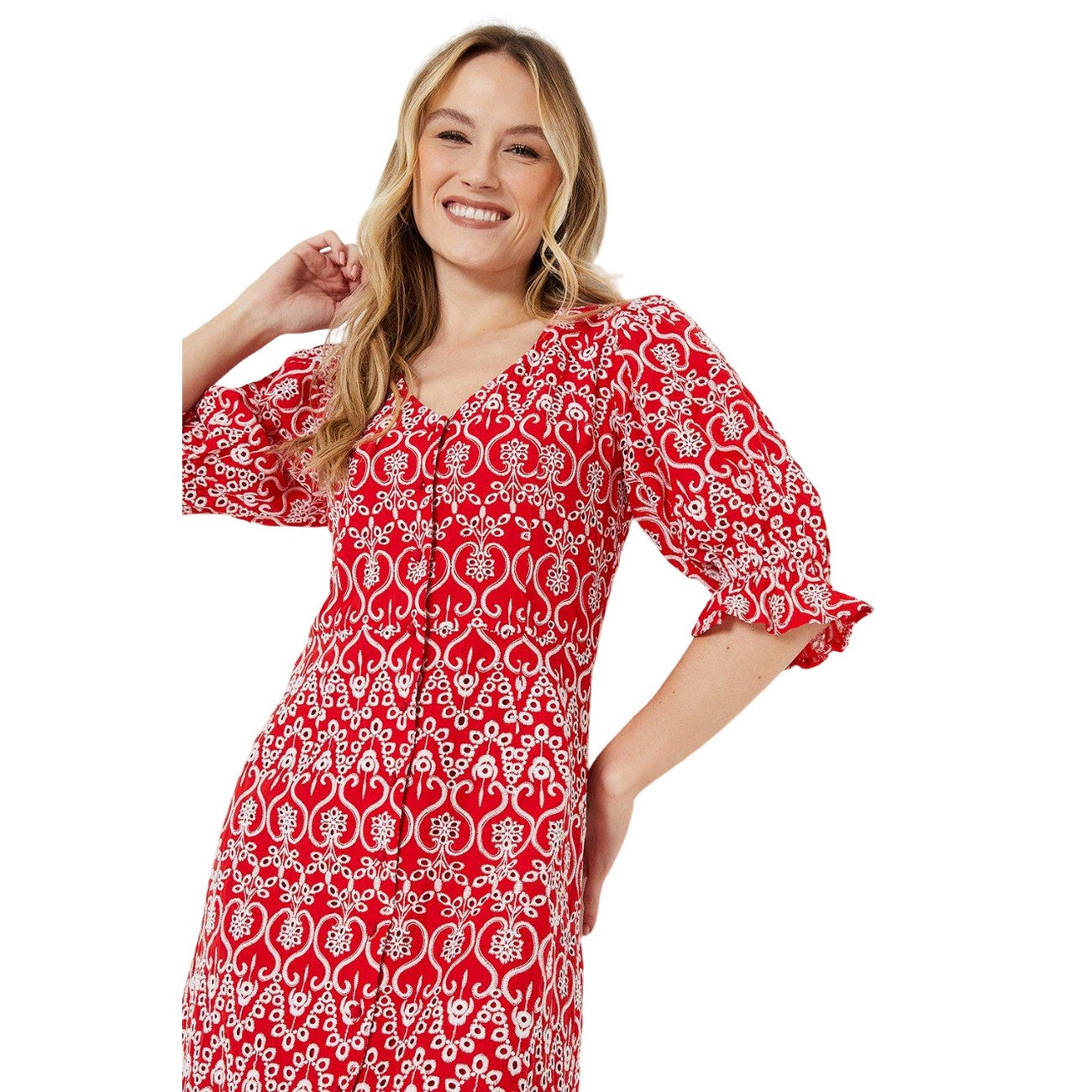 Red - Side - Dorothy Perkins Womens-Ladies Broderie Button Through Midi Dress