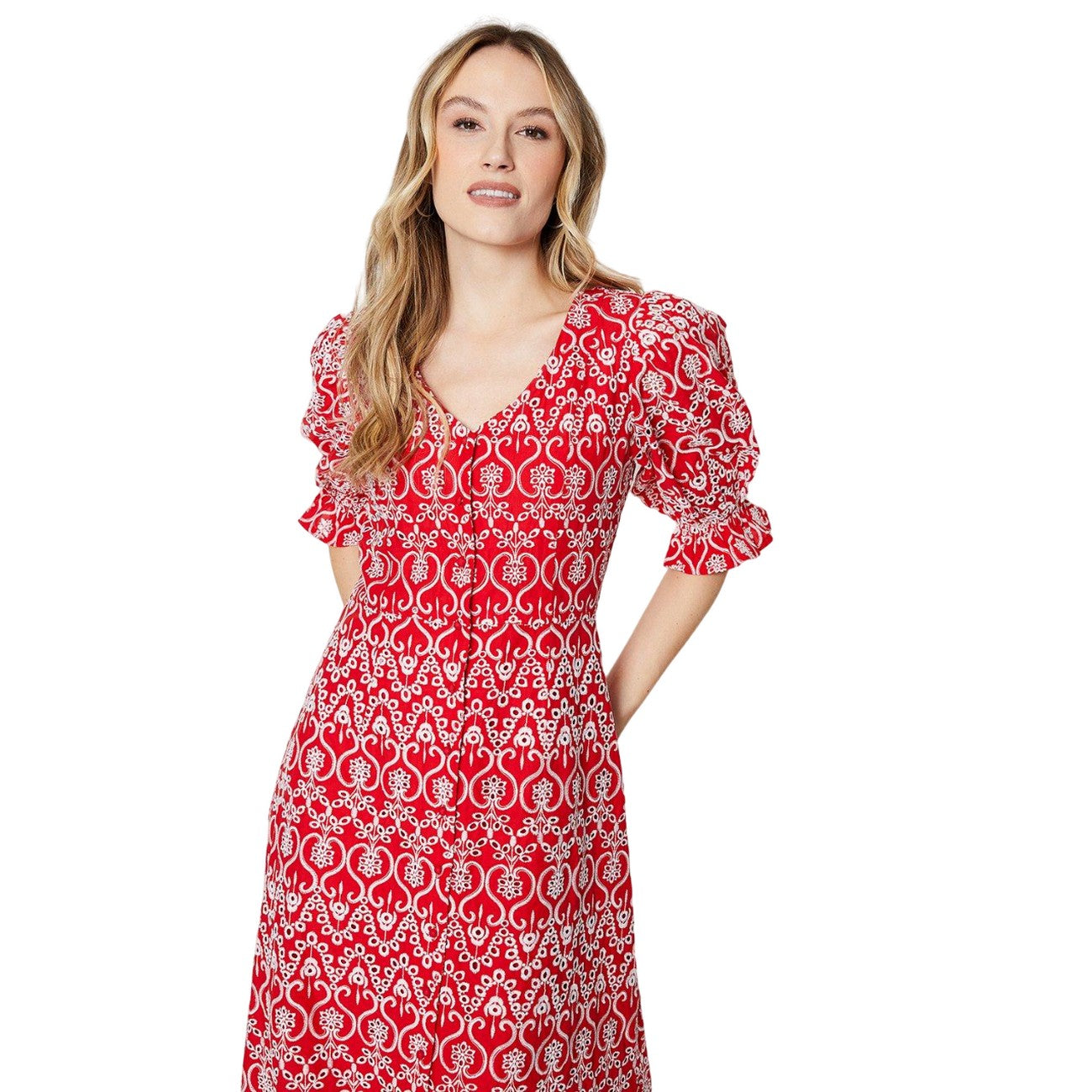 Red - Lifestyle - Dorothy Perkins Womens-Ladies Broderie Button Through Midi Dress
