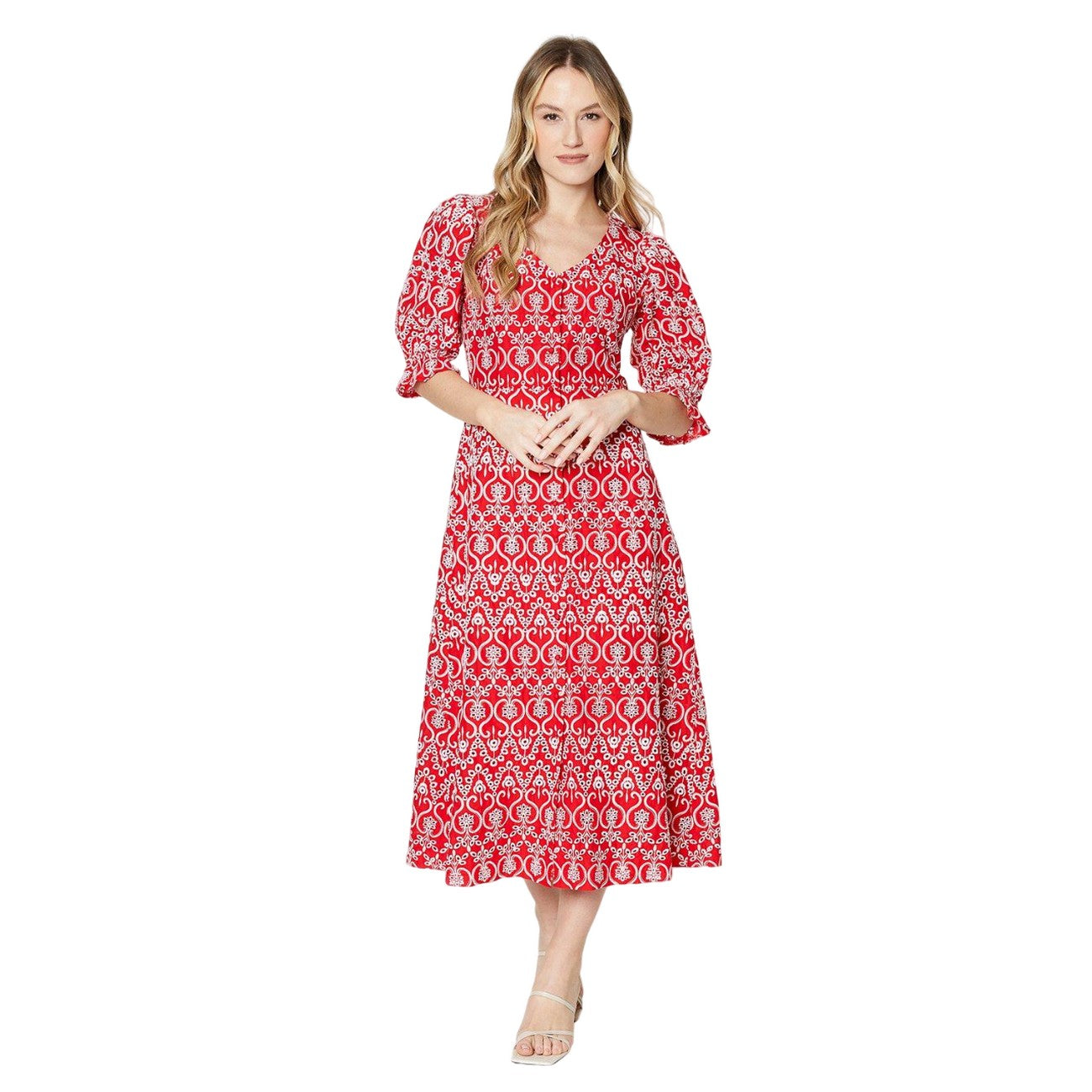 Red - Front - Dorothy Perkins Womens-Ladies Broderie Button Through Midi Dress