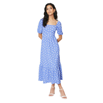 Blue - Front - Dorothy Perkins Womens-Ladies Spotted Square Neck Petite Midi Dress