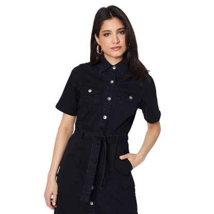 Black - Side - Dorothy Perkins Womens-Ladies Denim Short-Sleeved Midi Dress