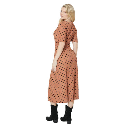 Mocha - Back - Dorothy Perkins Womens-Ladies Spotted Square Neck Flutter Midi Dress