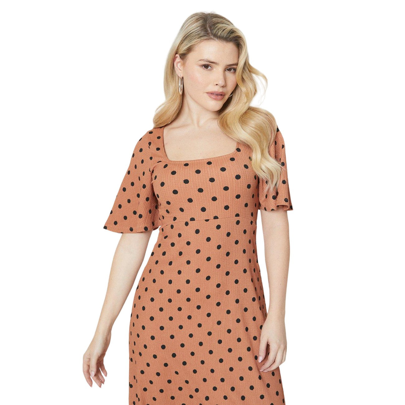 Mocha - Side - Dorothy Perkins Womens-Ladies Spotted Square Neck Flutter Midi Dress