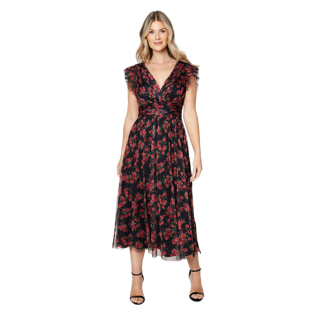 Black-Red-Green - Front - Dorothy Perkins Womens-Ladies Floral Tulle Midi Dress