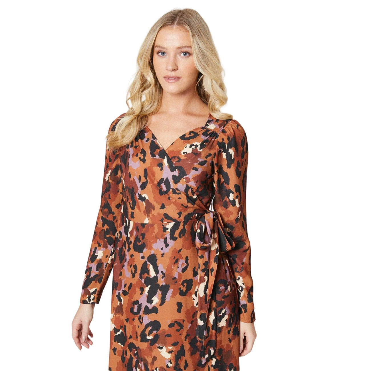 Brown - Side - Dorothy Perkins Womens-Ladies Leopard Print Wrap Midi Dress