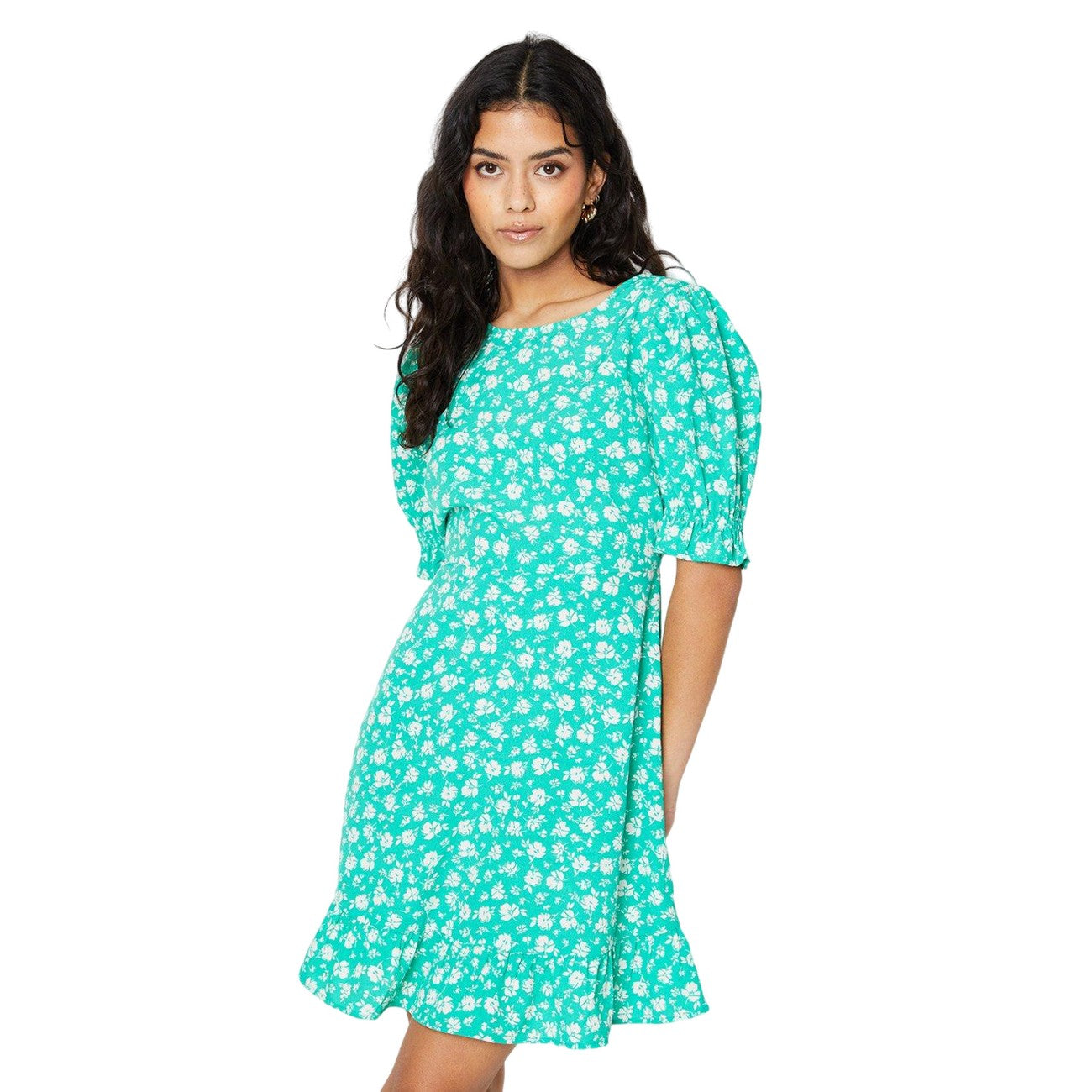 Green - Side - Dorothy Perkins Womens-Ladies Floral Frill Hem Petite Mini Dress