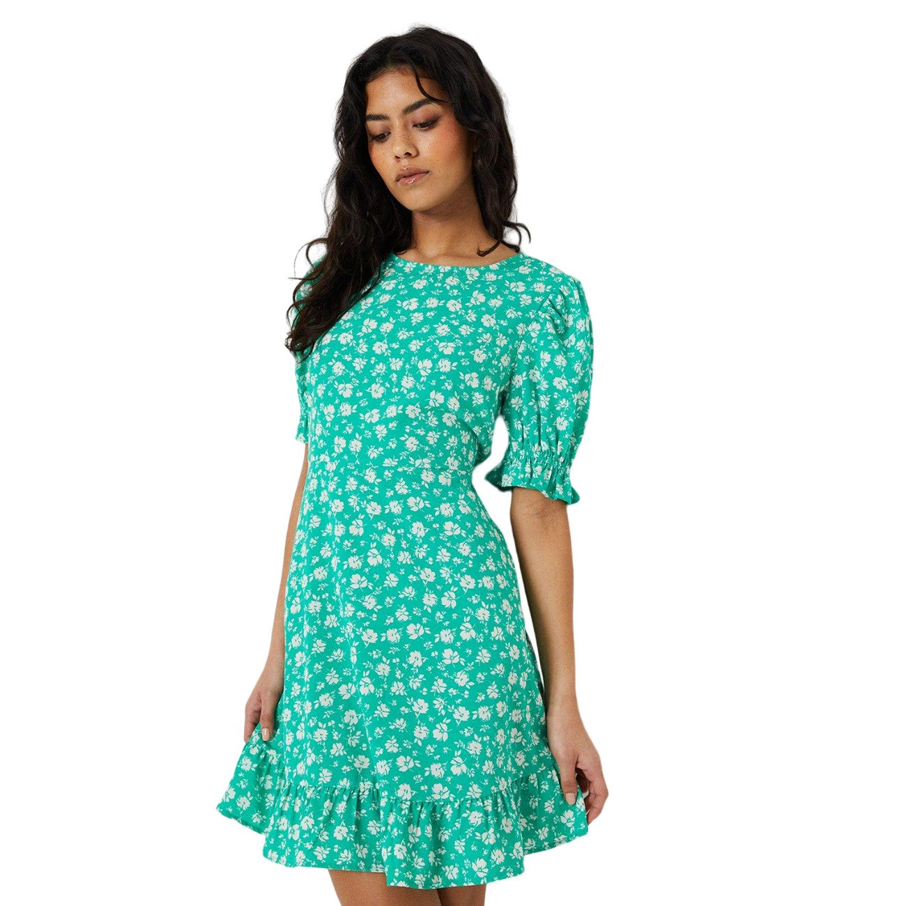 Green - Front - Dorothy Perkins Womens-Ladies Floral Frill Hem Petite Mini Dress