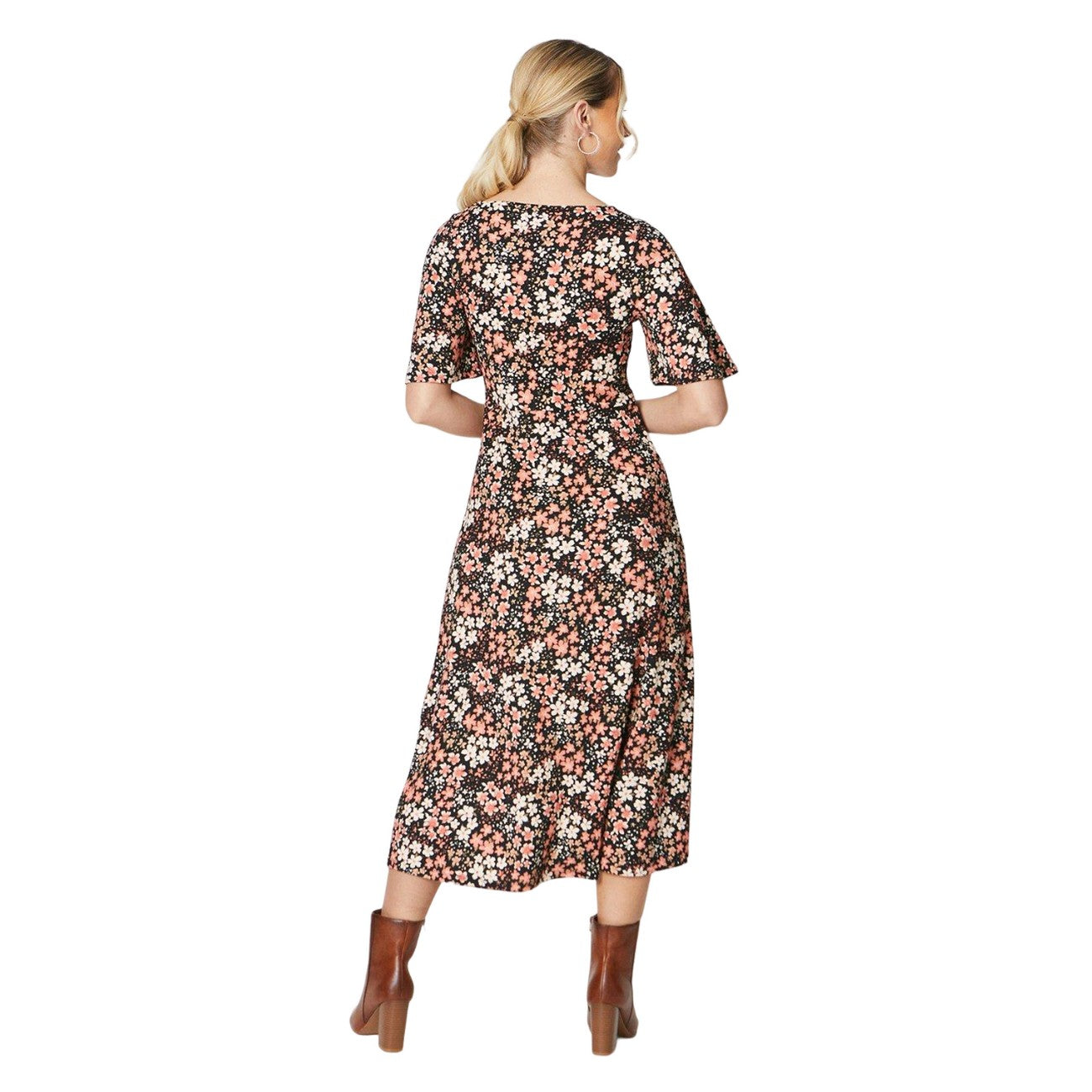 Black-White-Pink - Back - Dorothy Perkins Womens-Ladies Ditsy Print Square Neck Flutter Midi Dress