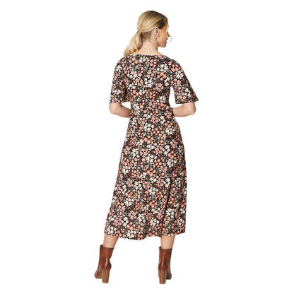 Black-White-Pink - Back - Dorothy Perkins Womens-Ladies Ditsy Print Square Neck Flutter Midi Dress
