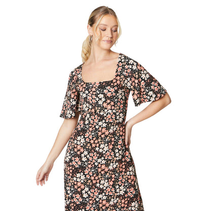Black-White-Pink - Side - Dorothy Perkins Womens-Ladies Ditsy Print Square Neck Flutter Midi Dress