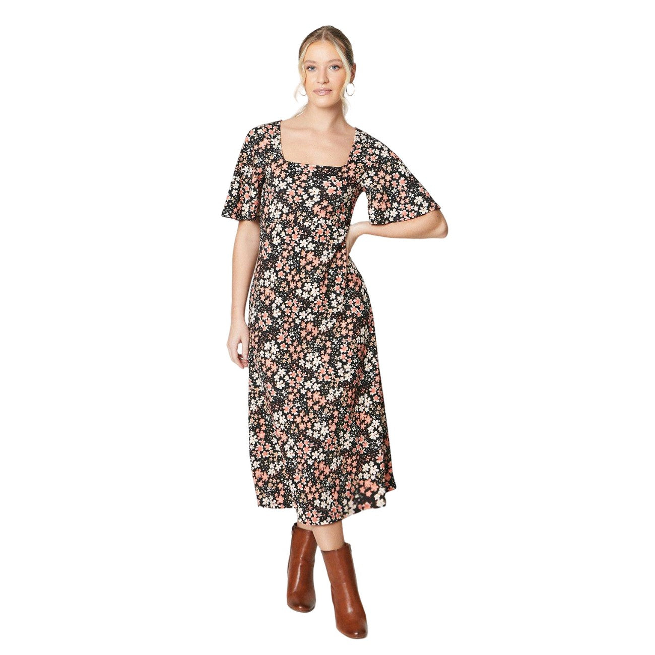Black-White-Pink - Front - Dorothy Perkins Womens-Ladies Ditsy Print Square Neck Flutter Midi Dress