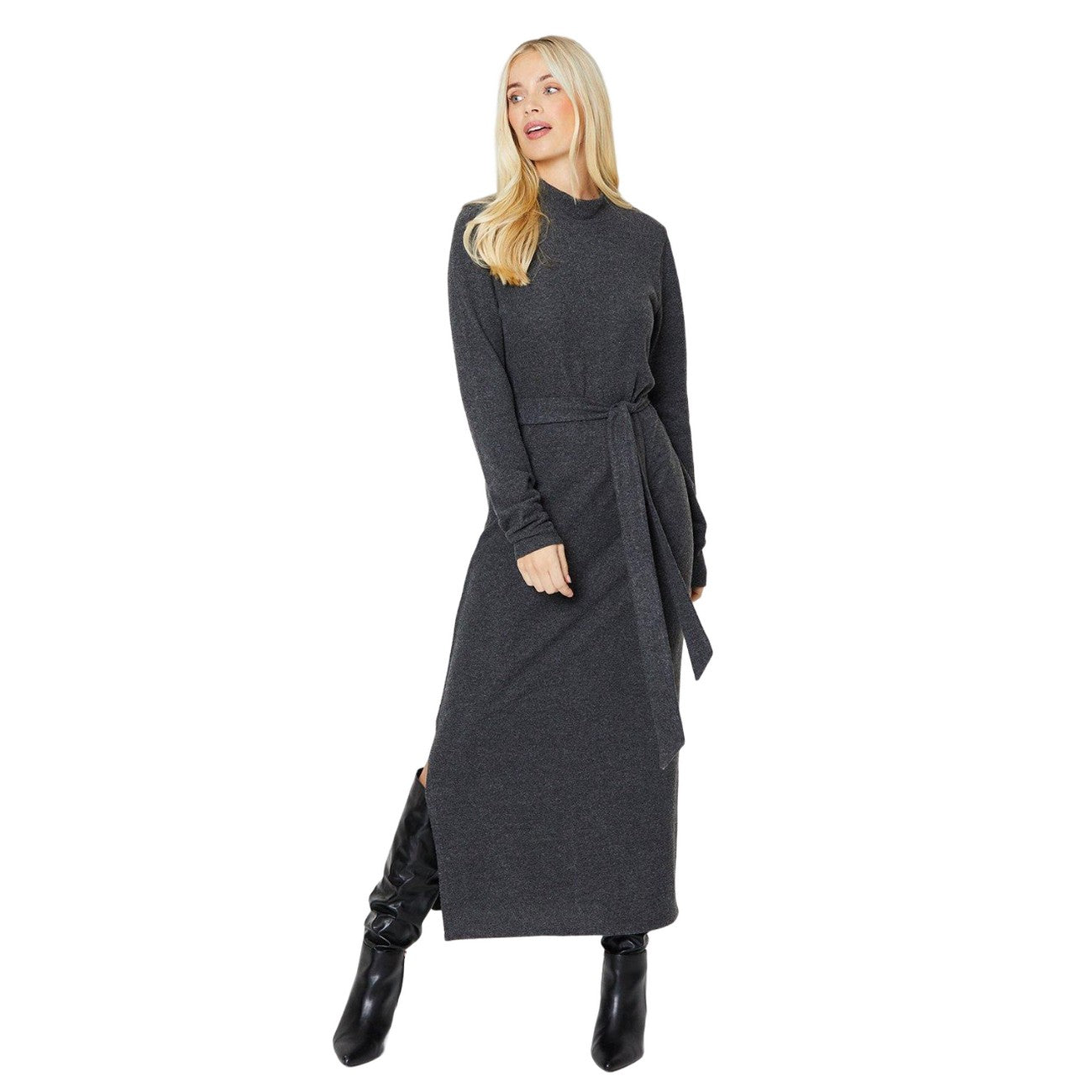 Charcoal - Front - Dorothy Perkins Womens-Ladies Brushed Waist Tie Tall Midi Dress