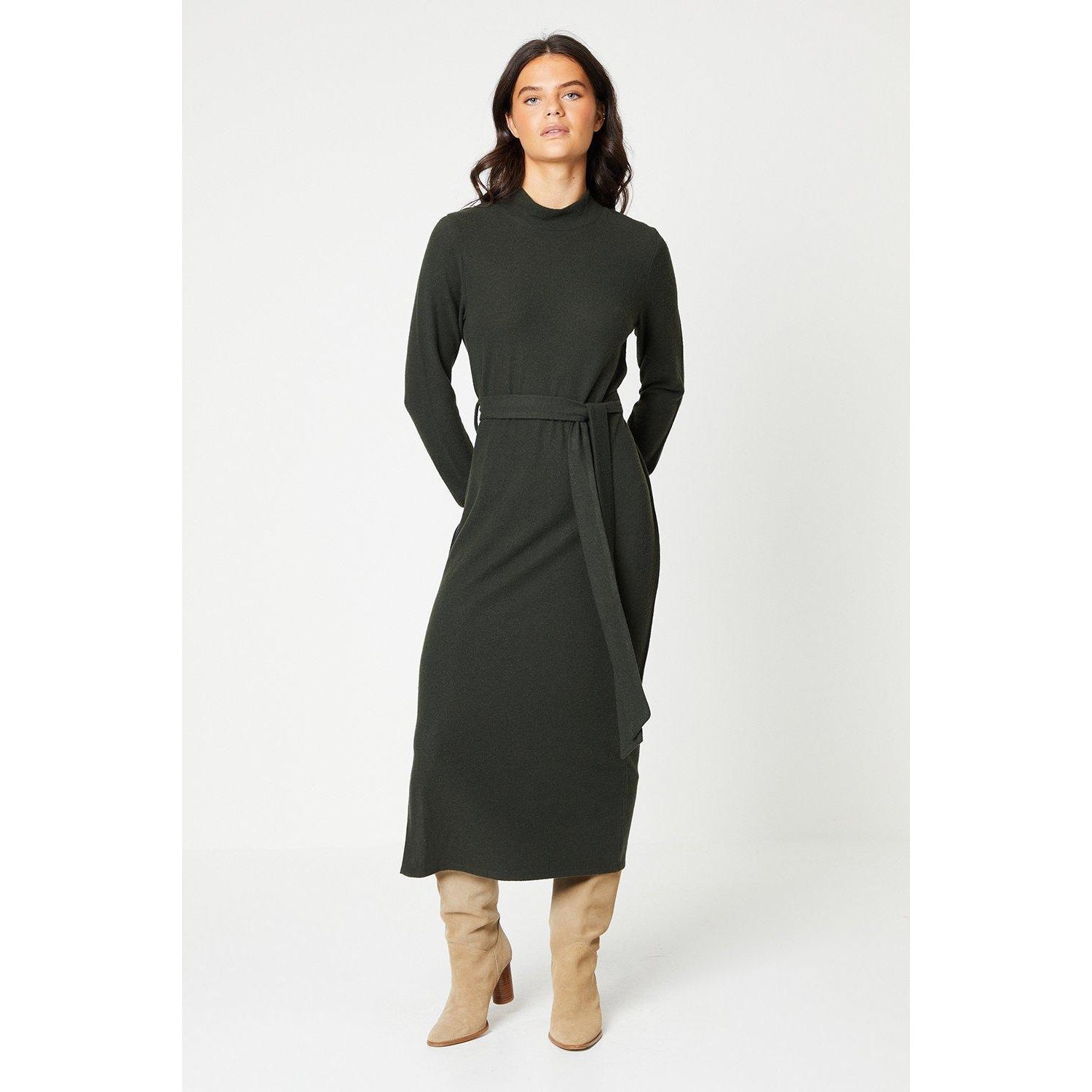 Khaki Grey - Front - Dorothy Perkins Womens-Ladies Brushed Waist Tie Midi Dress