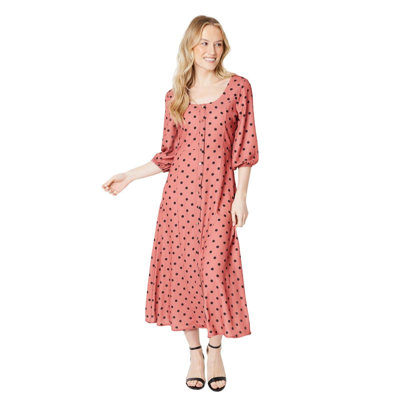 Pink - Front - Dorothy Perkins Womens-Ladies Kitty Polka Dot Button Detail 3-4 Sleeve Midi Dress
