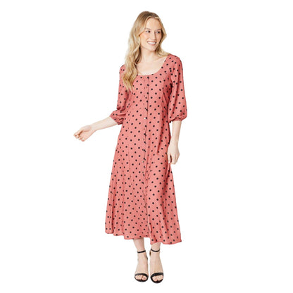 Pink - Front - Dorothy Perkins Womens-Ladies Kitty Polka Dot Button Detail 3-4 Sleeve Midi Dress