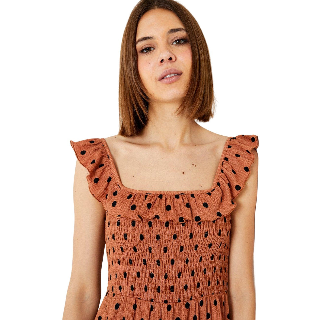 Brown - Side - Dorothy Perkins Womens-Ladies Polka Dot Bodice Ruffle Midi Dress