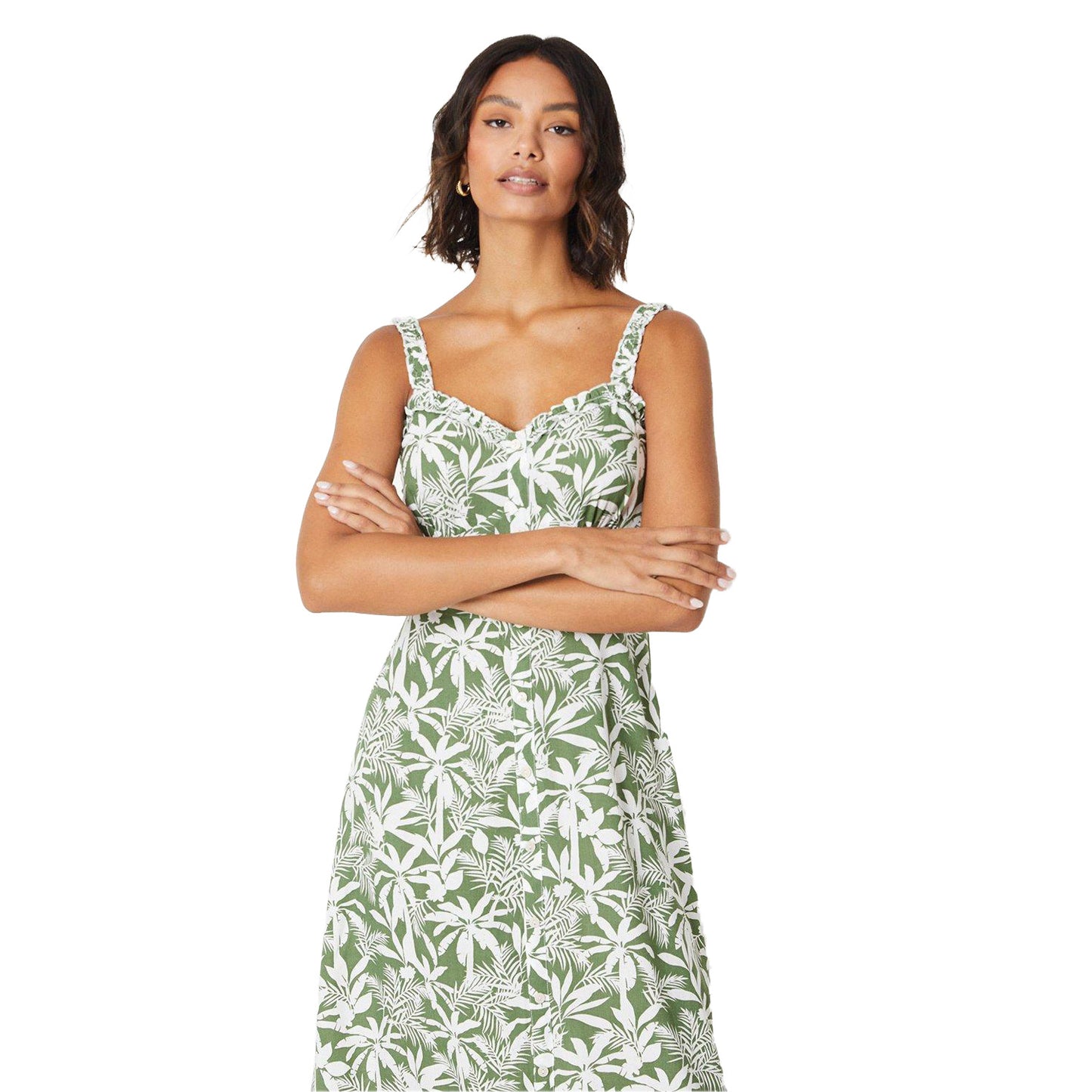 Green - Side - Dorothy Perkins Womens-Ladies Palm Frill Neck Midi Dress