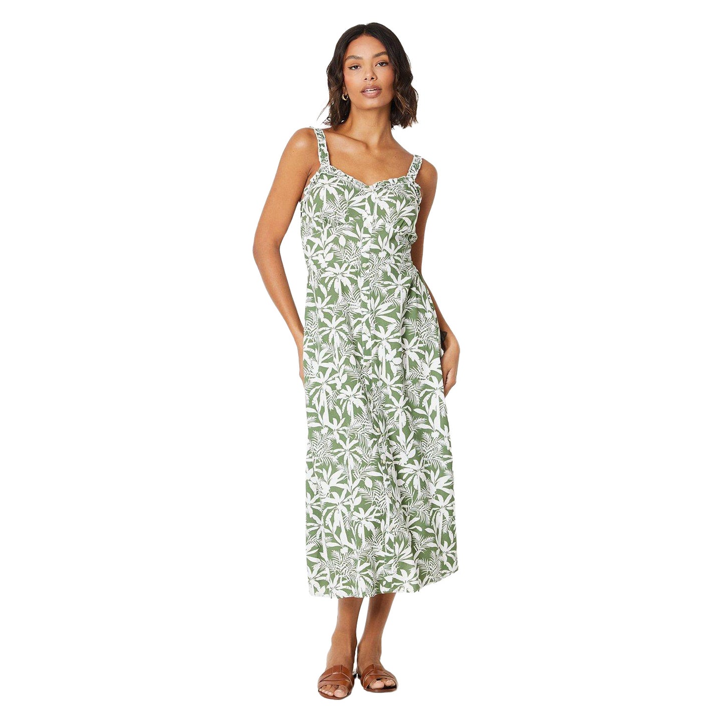 Green - Pack Shot - Dorothy Perkins Womens-Ladies Palm Frill Neck Midi Dress