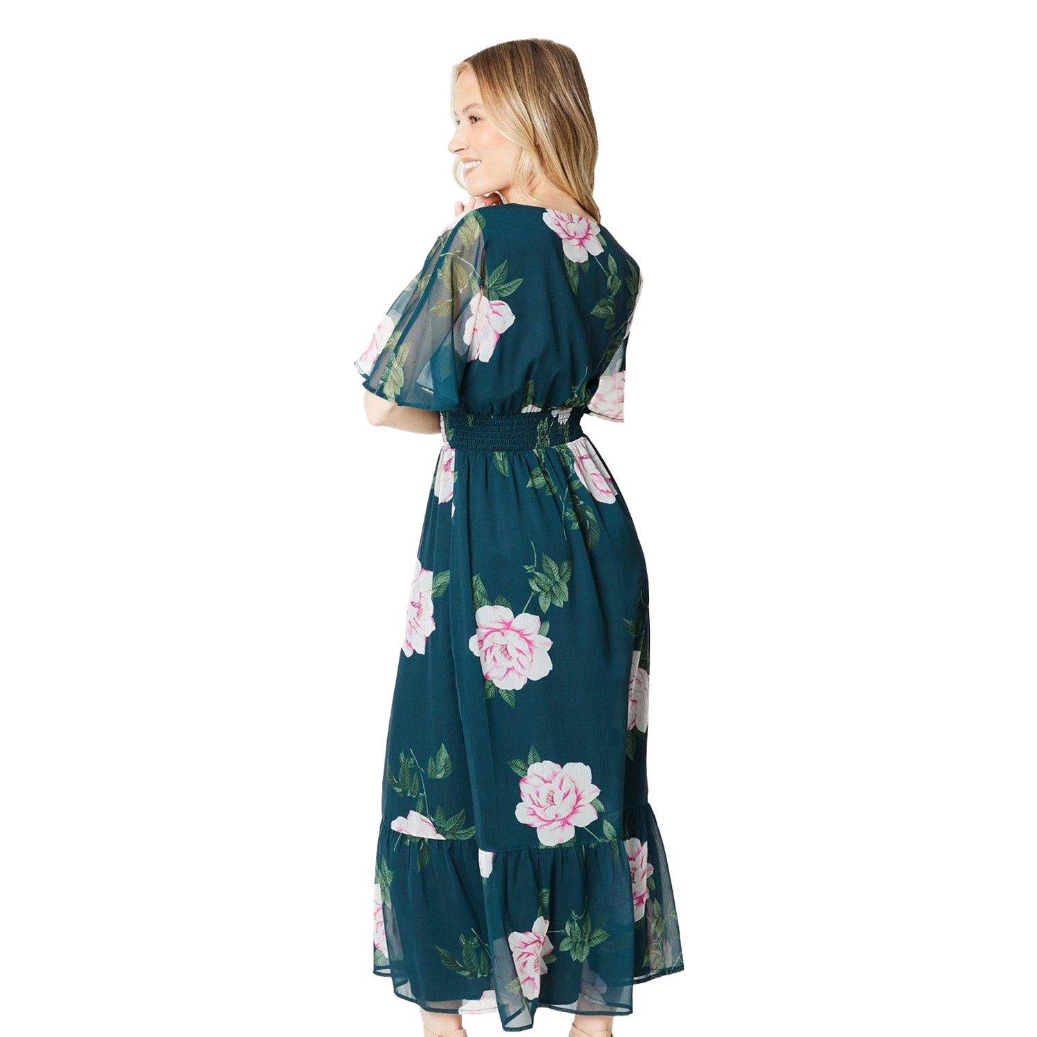 Green-Pink - Back - Dorothy Perkins Womens-Ladies Floral Chiffon Frill Hem Midi Dress