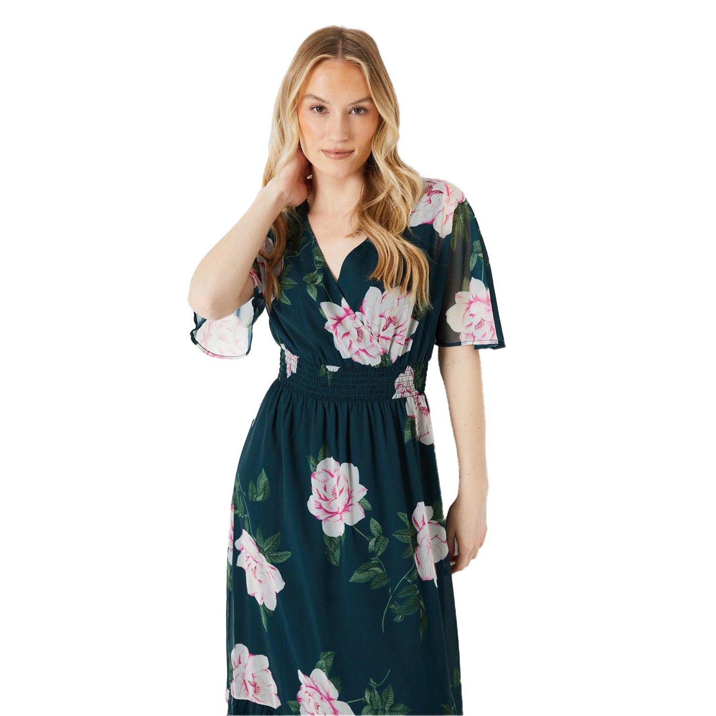 Green-Pink - Side - Dorothy Perkins Womens-Ladies Floral Chiffon Frill Hem Midi Dress