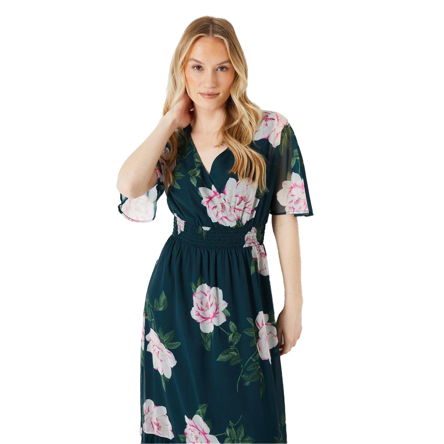 Green-Pink - Side - Dorothy Perkins Womens-Ladies Floral Chiffon Frill Hem Midi Dress