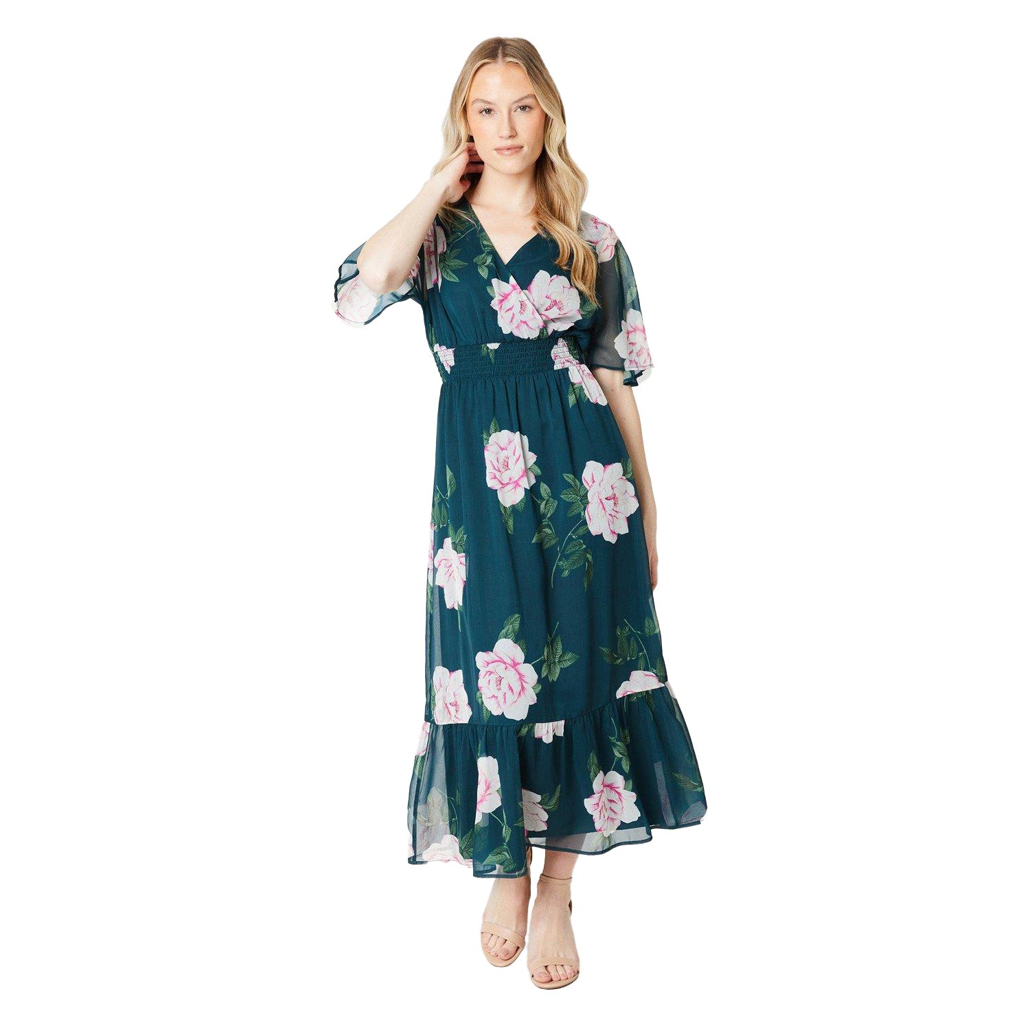 Green-Pink - Lifestyle - Dorothy Perkins Womens-Ladies Floral Chiffon Frill Hem Midi Dress