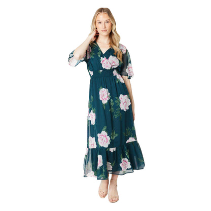 Green-Pink - Lifestyle - Dorothy Perkins Womens-Ladies Floral Chiffon Frill Hem Midi Dress