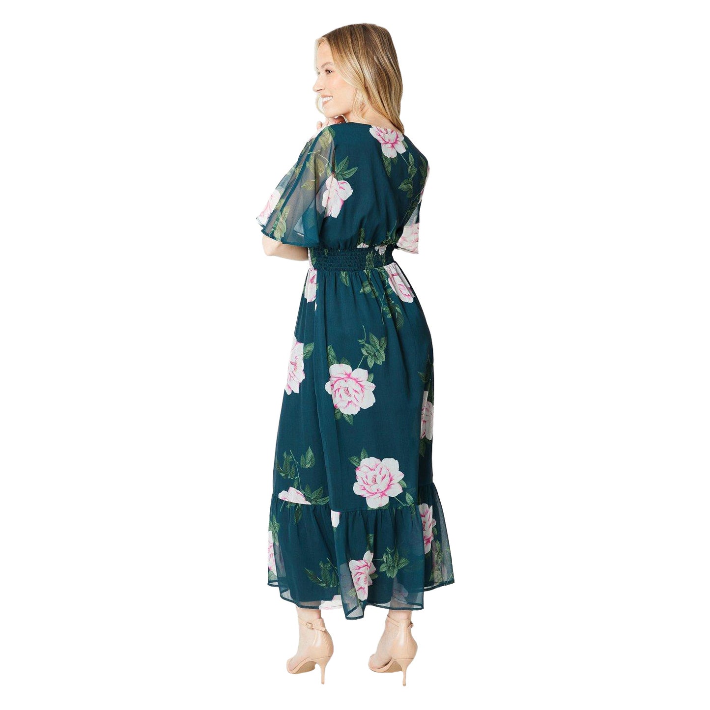 Green-Pink - Pack Shot - Dorothy Perkins Womens-Ladies Floral Chiffon Frill Hem Midi Dress