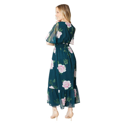 Green-Pink - Pack Shot - Dorothy Perkins Womens-Ladies Floral Chiffon Frill Hem Midi Dress