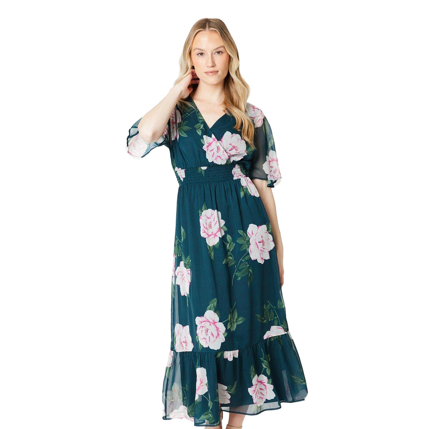 Green-Pink - Front - Dorothy Perkins Womens-Ladies Floral Chiffon Frill Hem Midi Dress