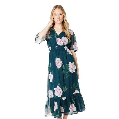 Green-Pink - Front - Dorothy Perkins Womens-Ladies Floral Chiffon Frill Hem Midi Dress