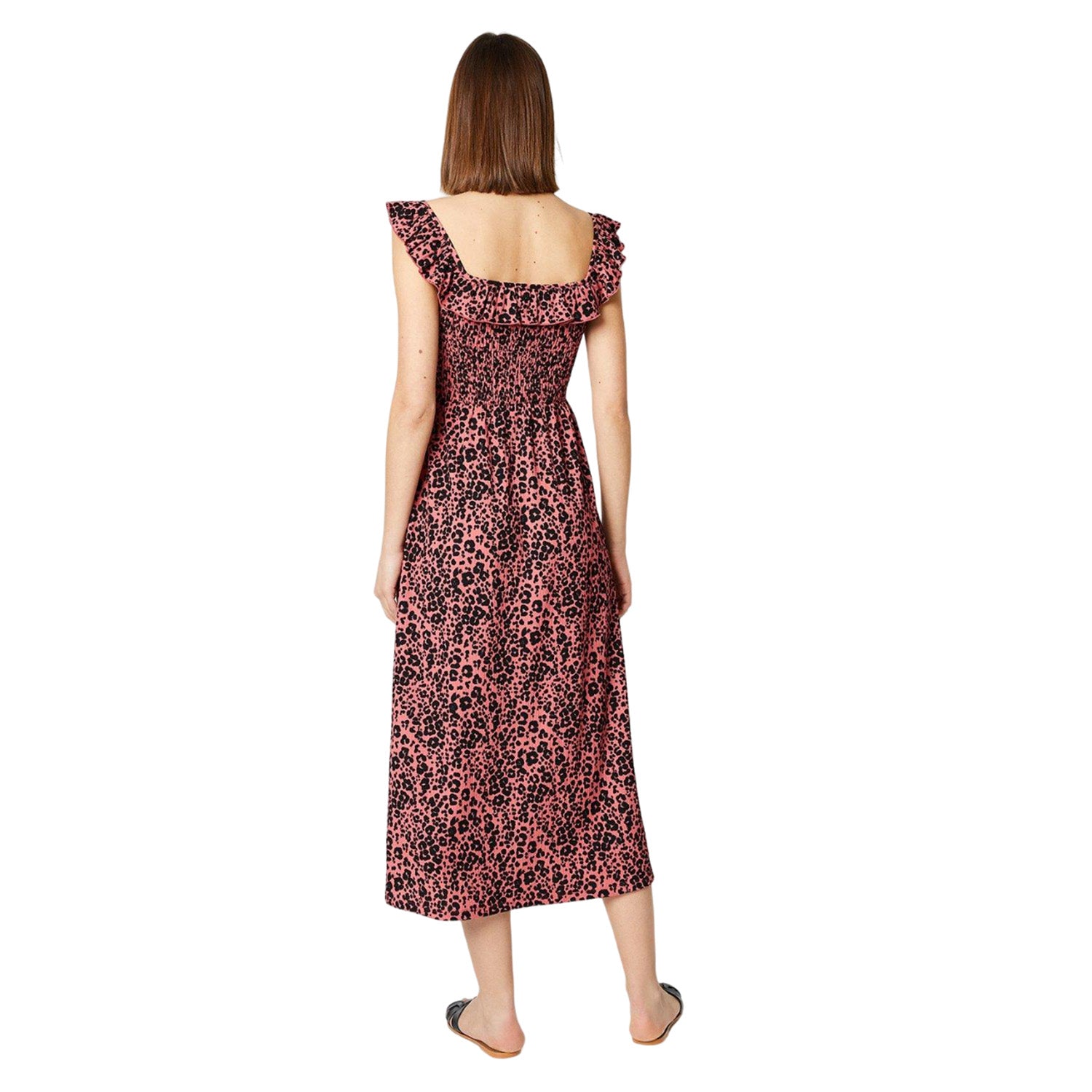 Pink-Black - Back - Dorothy Perkins Womens-Ladies Animal Print Shirred Midi Dress