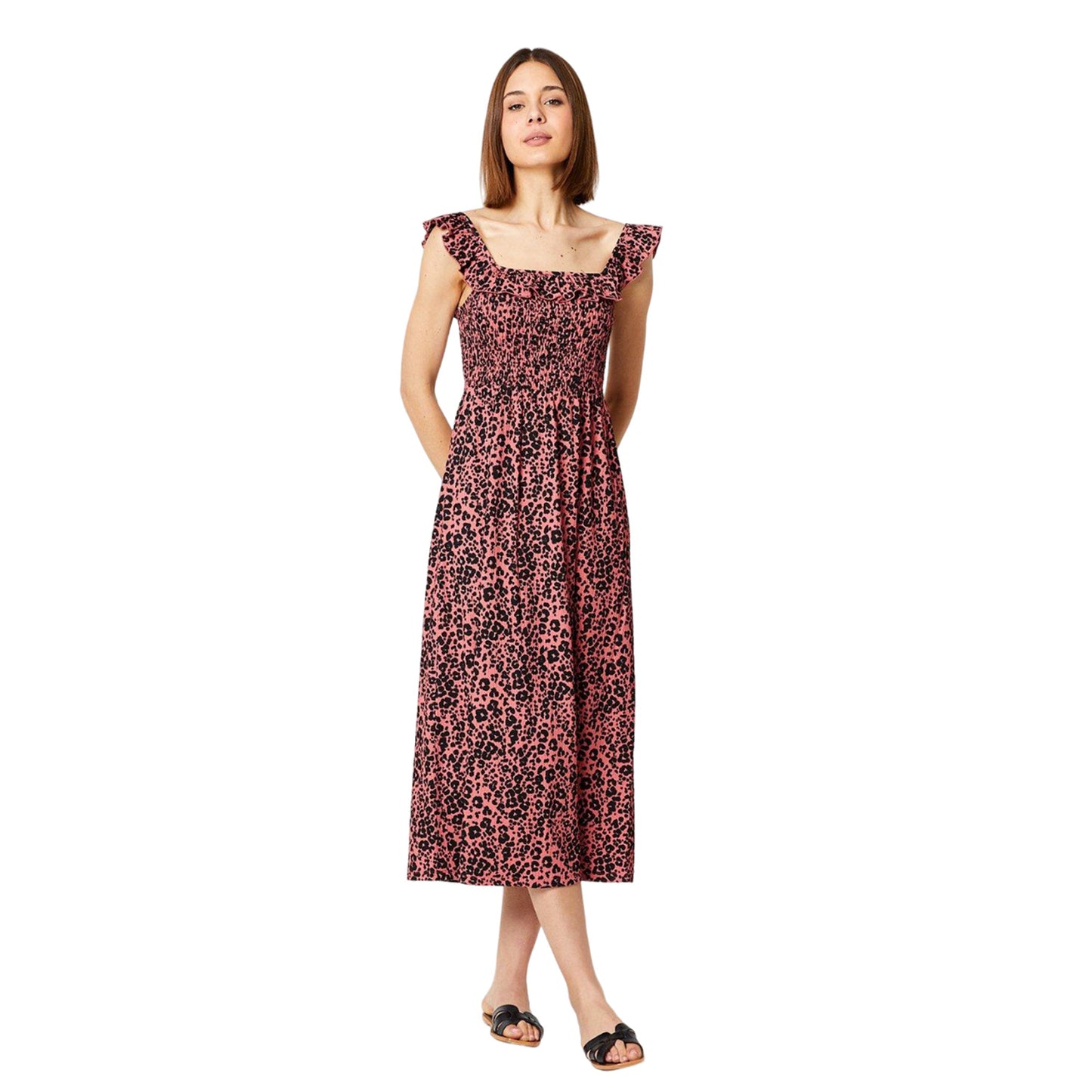 Pink-Black - Front - Dorothy Perkins Womens-Ladies Animal Print Shirred Midi Dress