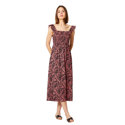 Pink-Black - Front - Dorothy Perkins Womens-Ladies Animal Print Shirred Midi Dress