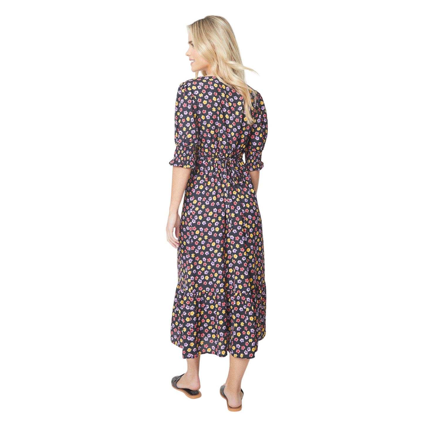 Multicoloured - Back - Dorothy Perkins Womens-Ladies Ditsy Print Shirred Cuff Petite Midi Dress