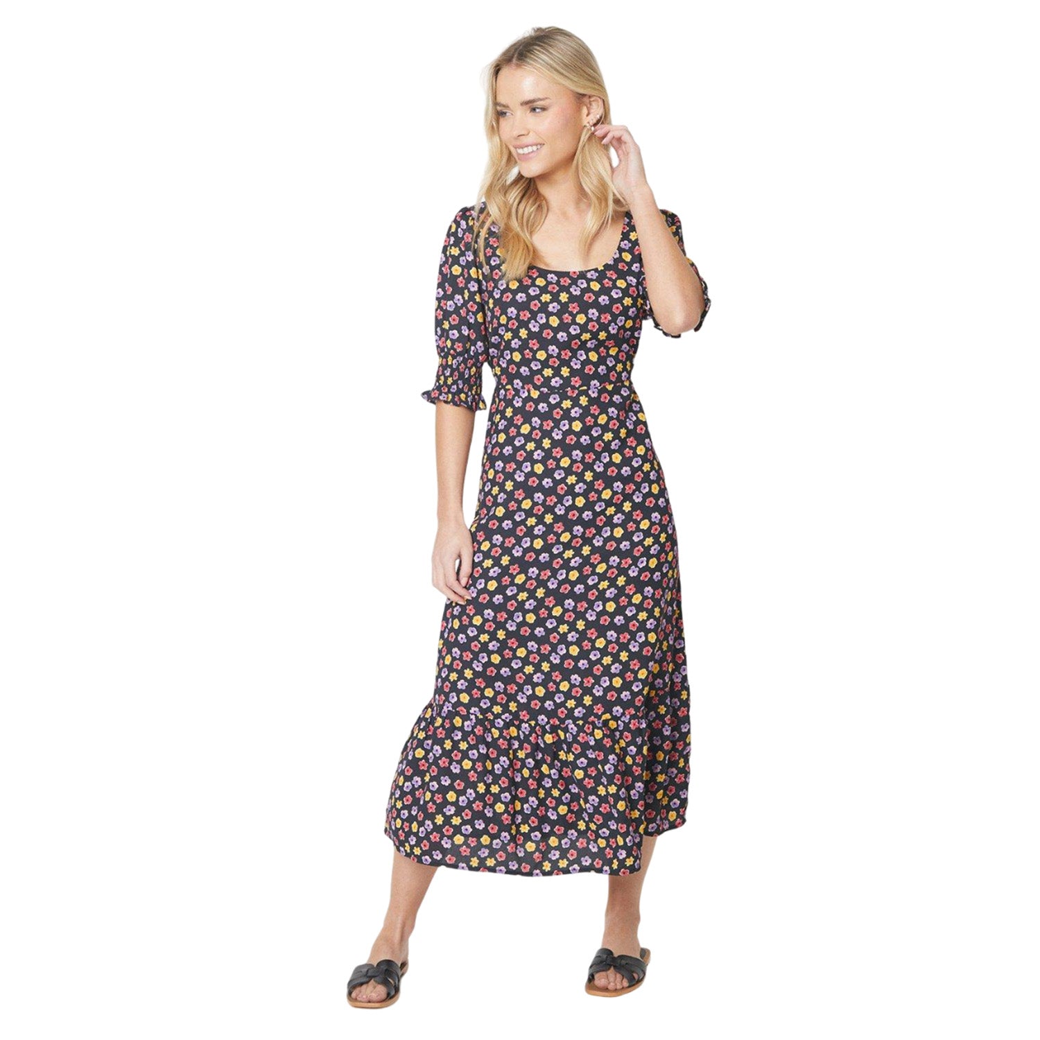 Multicoloured - Side - Dorothy Perkins Womens-Ladies Ditsy Print Shirred Cuff Petite Midi Dress