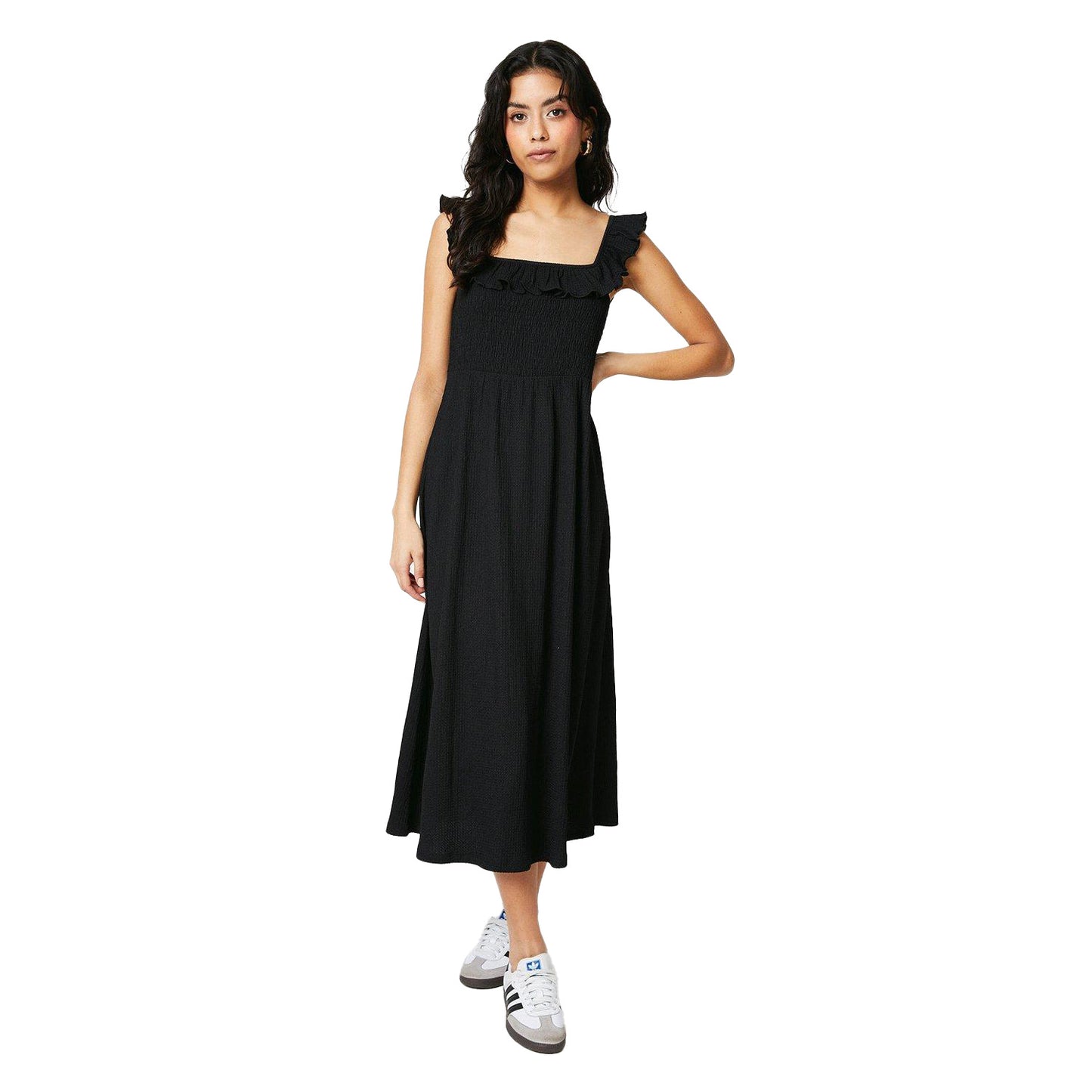 Black - Front - Dorothy Perkins Womens-Ladies Ruffled Shirred Petite Midi Dress