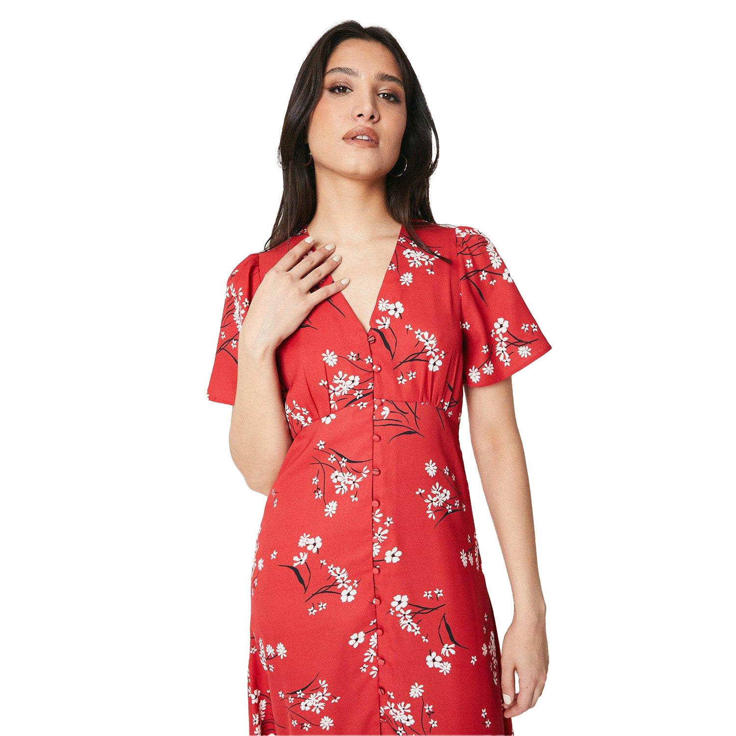 Red - Side - Dorothy Perkins Womens-Ladies Floral Button Through Flutter Midi Dress