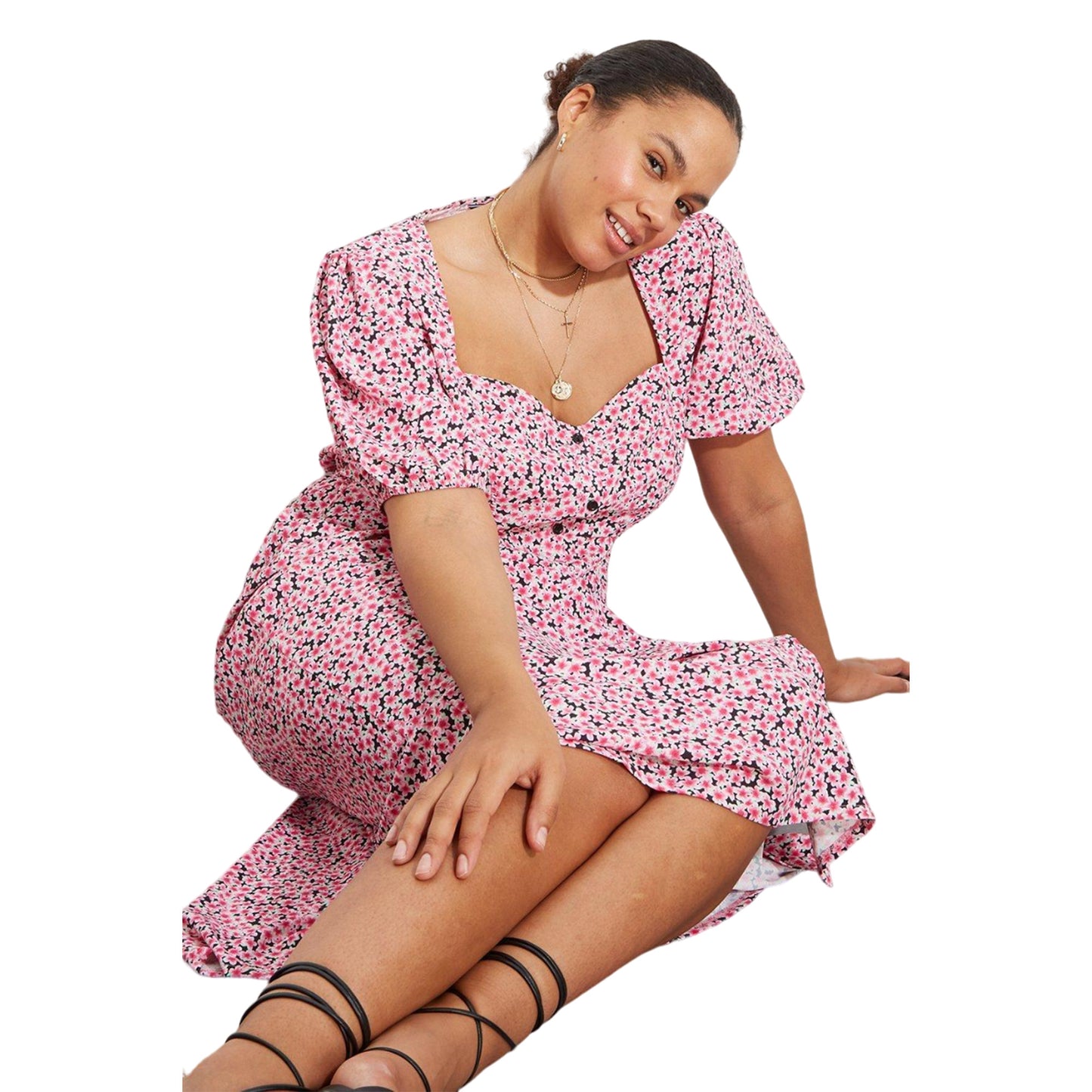 Pink - Side - Dorothy Perkins Womens-Ladies Kitty Ditsy Print Button Through Plus Midi Dress