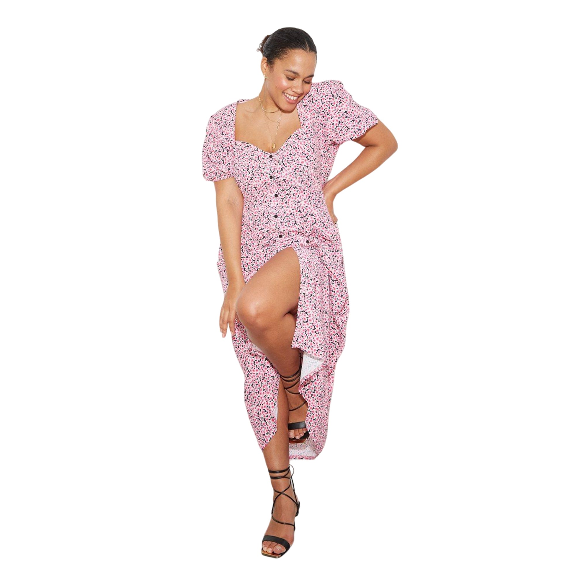 Pink - Front - Dorothy Perkins Womens-Ladies Kitty Ditsy Print Button Through Plus Midi Dress