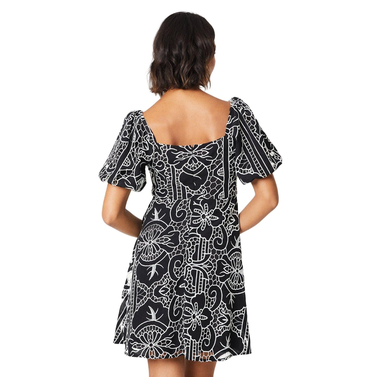 Black - Back - Dorothy Perkins Womens-Ladies Cutwork Puff Sleeve Mini Dress