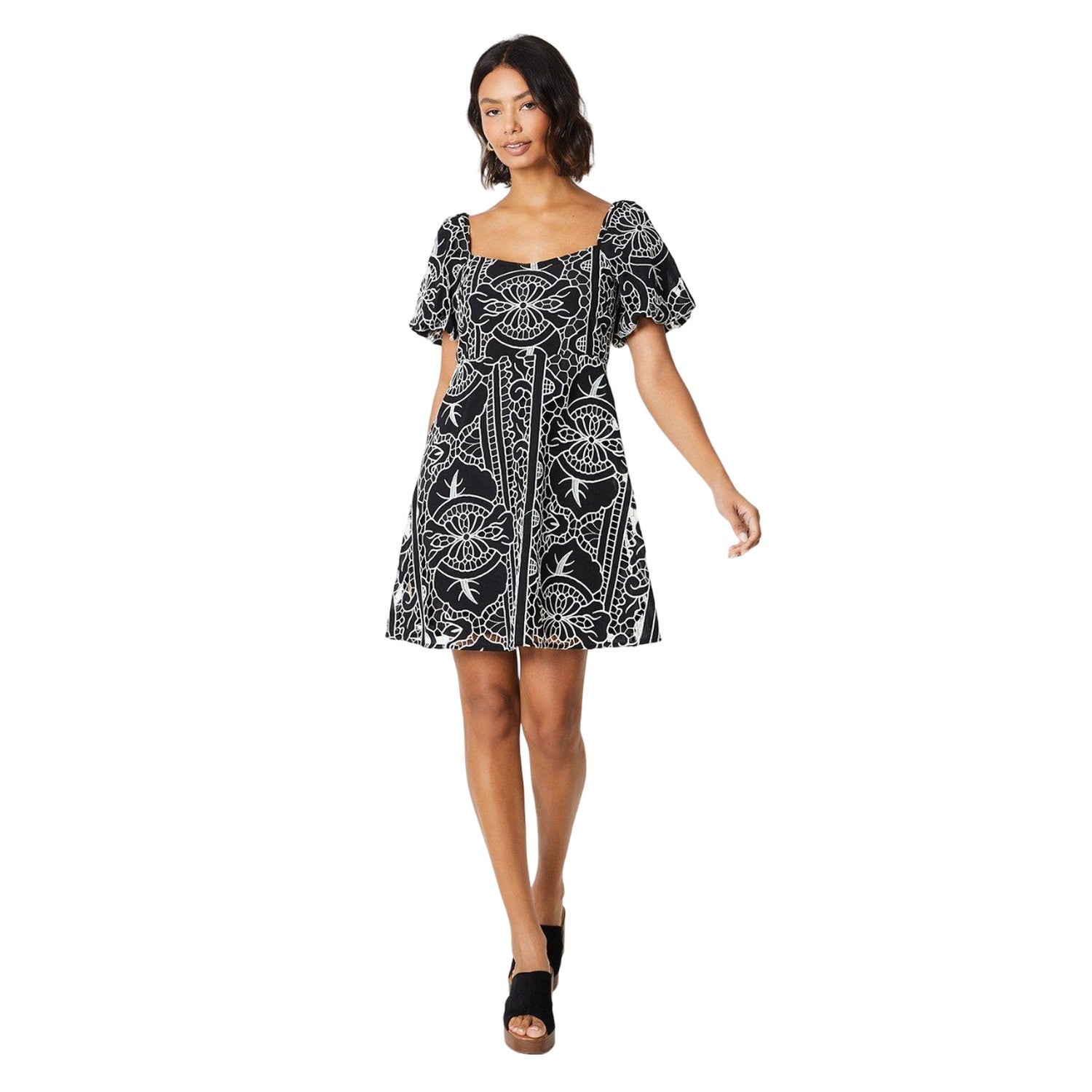 Black - Side - Dorothy Perkins Womens-Ladies Cutwork Puff Sleeve Mini Dress