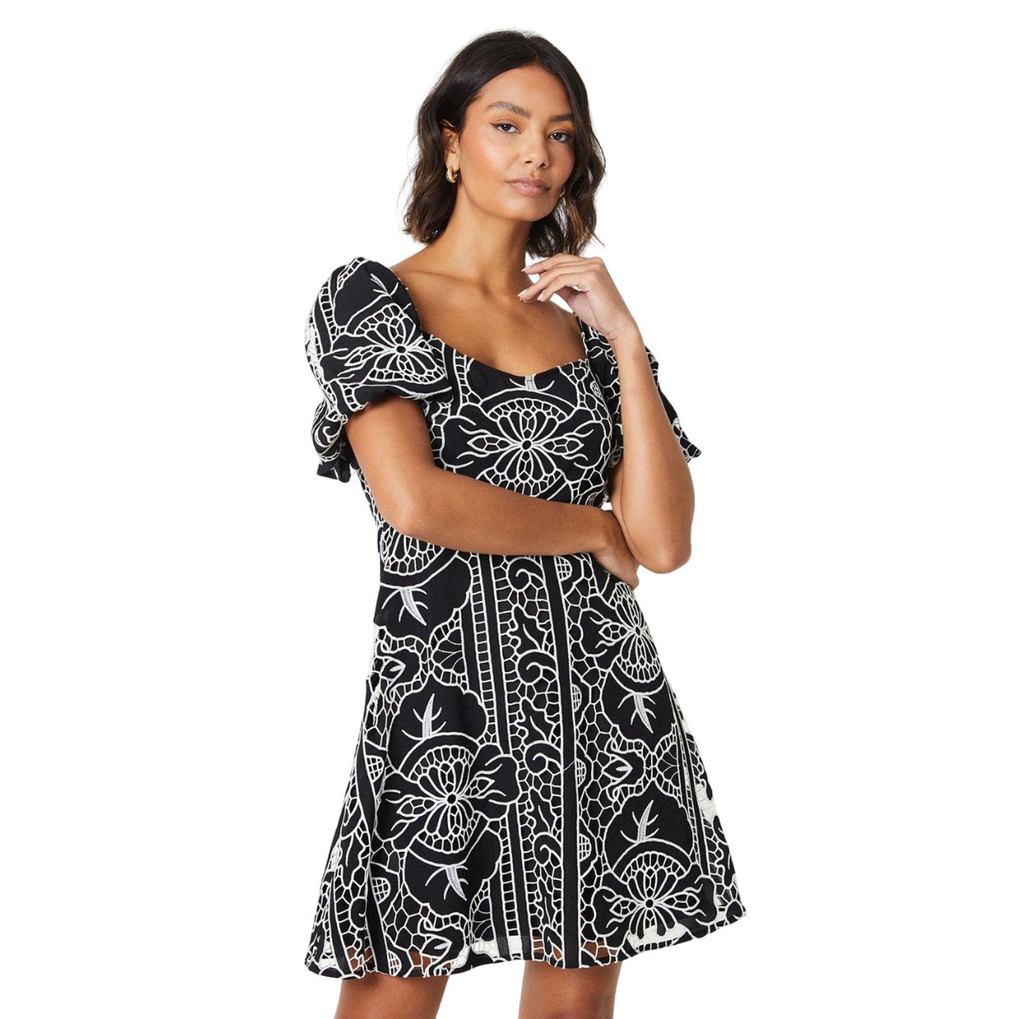 Black - Front - Dorothy Perkins Womens-Ladies Cutwork Puff Sleeve Mini Dress