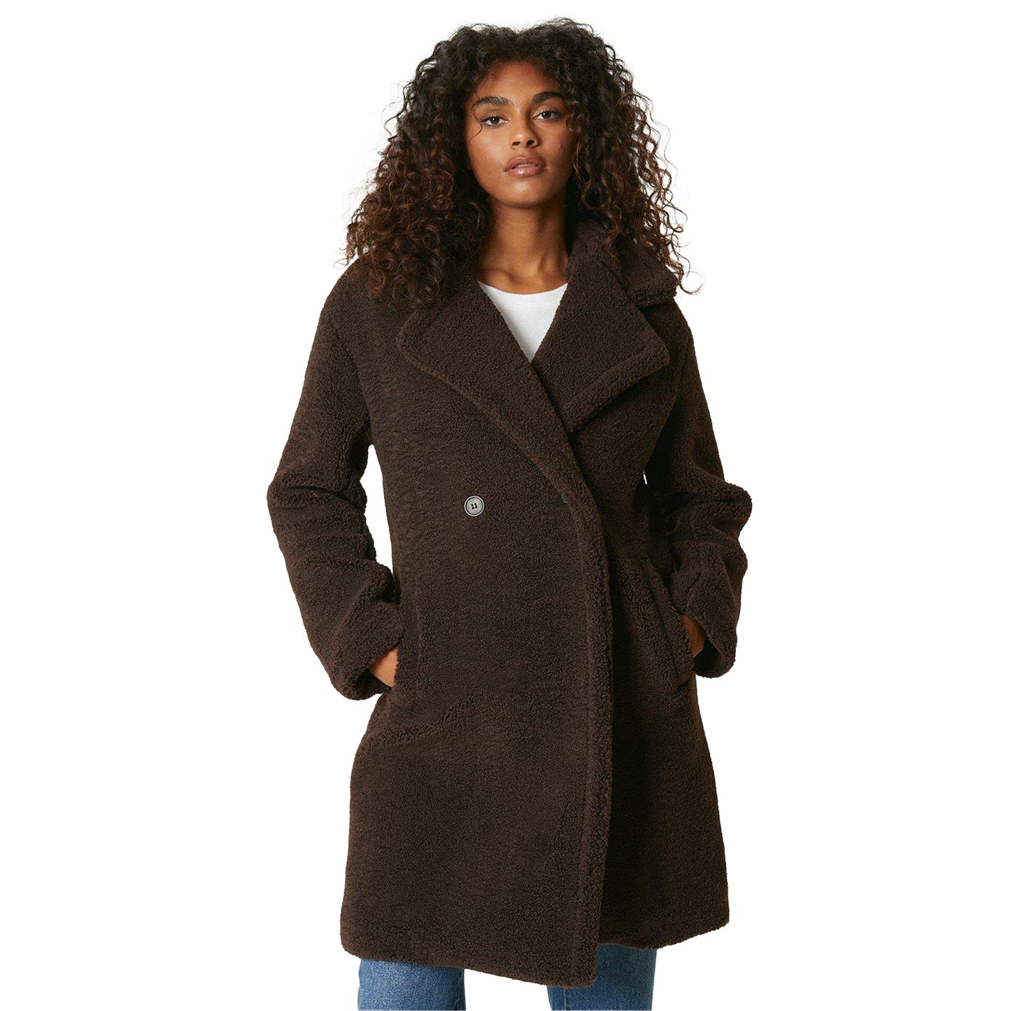 Brown - Front - Dorothy Perkins Womens-Ladies Borg Midi Coat