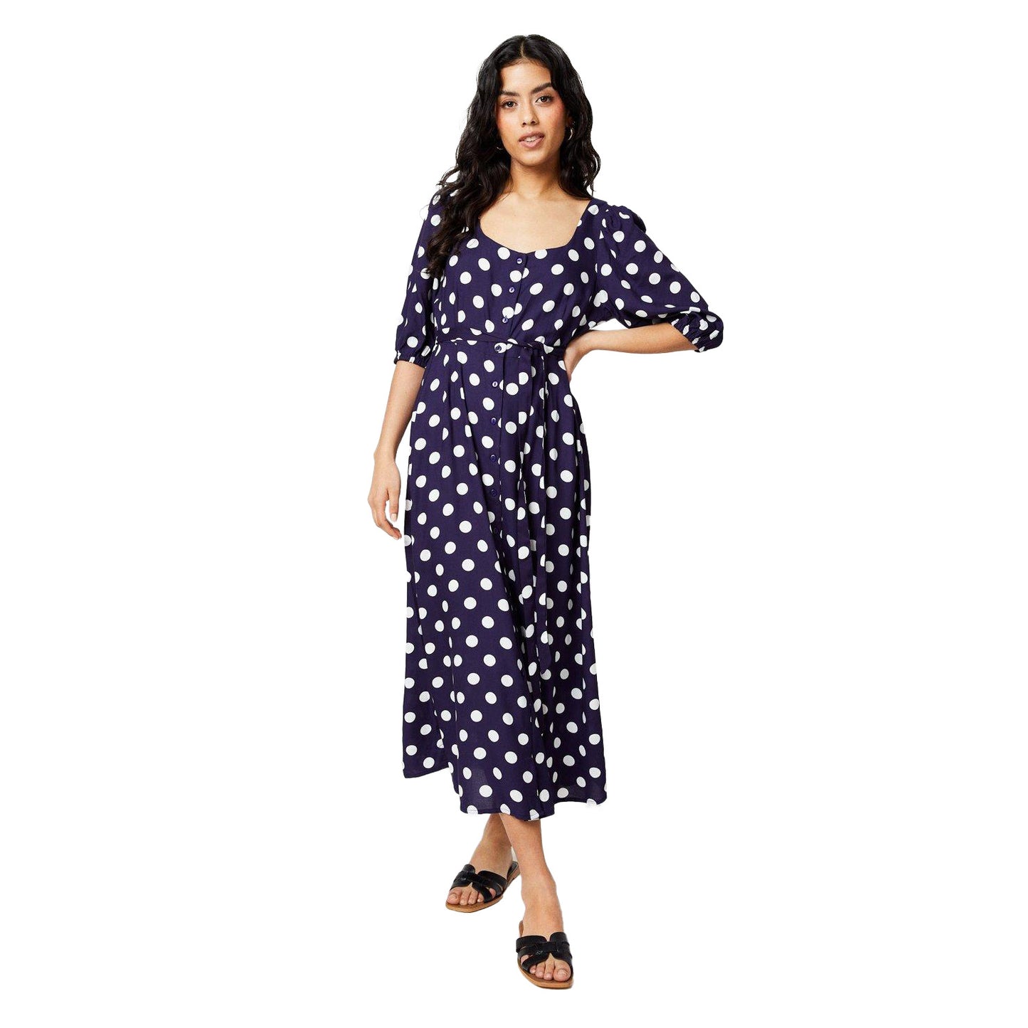 Navy - Front - Dorothy Perkins Womens-Ladies Polka Dot Button Through Petite Midi Dress