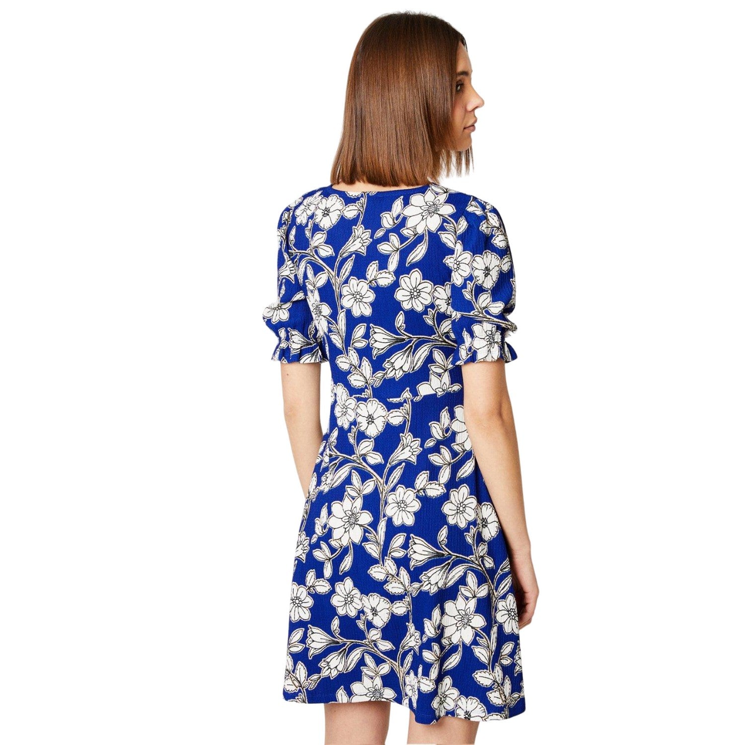 Blue-White - Back - Dorothy Perkins Womens-Ladies Floral Short-Sleeved Mini Dress