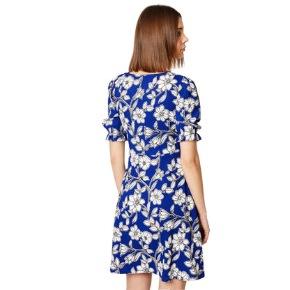 Blue-White - Back - Dorothy Perkins Womens-Ladies Floral Short-Sleeved Mini Dress