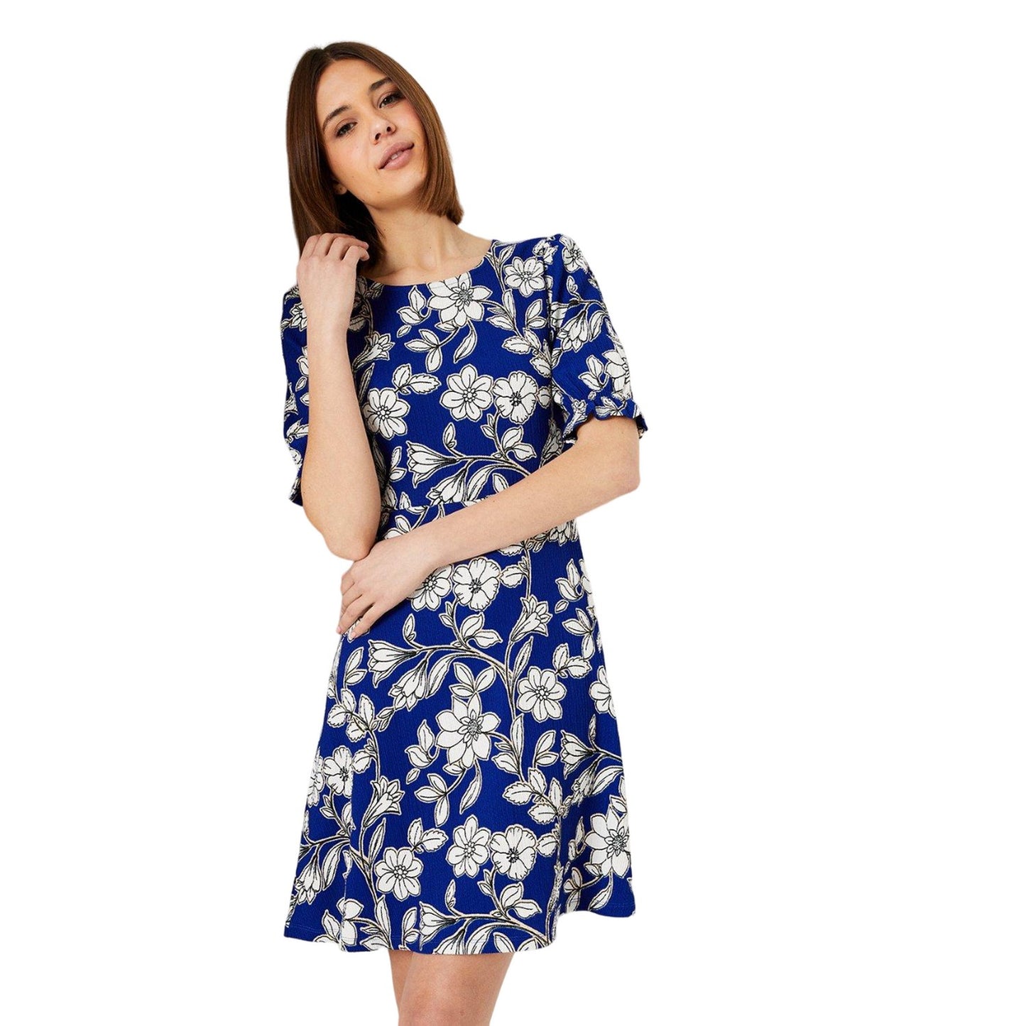 Blue-White - Front - Dorothy Perkins Womens-Ladies Floral Short-Sleeved Mini Dress