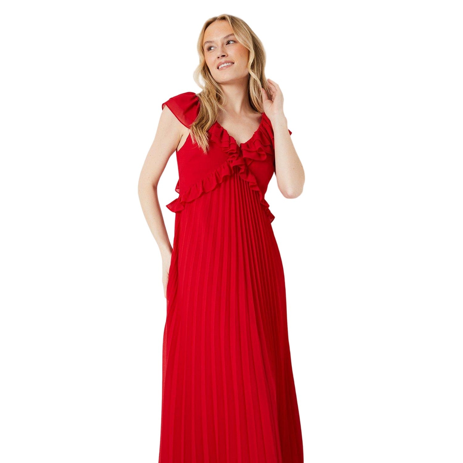 Red - Side - Dorothy Perkins Womens-Ladies Pleated Chiffon Frill Midi Dress