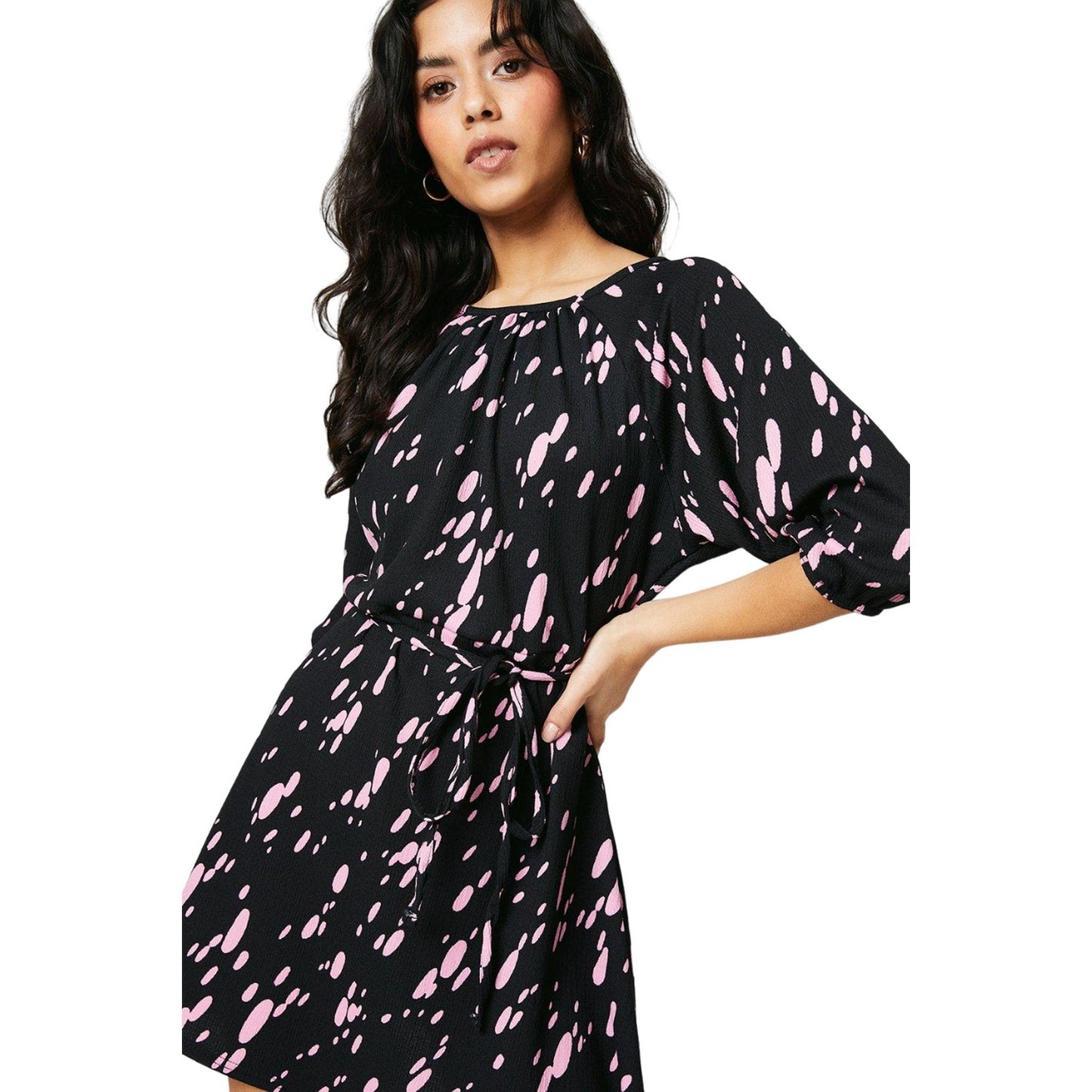Black-Pink - Side - Dorothy Perkins Womens-Ladies Spotted Belt Petite Raglan Mini Dress